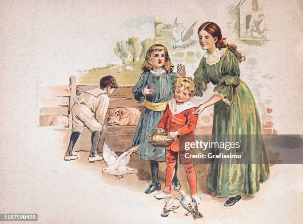 mother with three children outdoors with animals on farm 1900 - 1900's woman outdoors stock illustrations