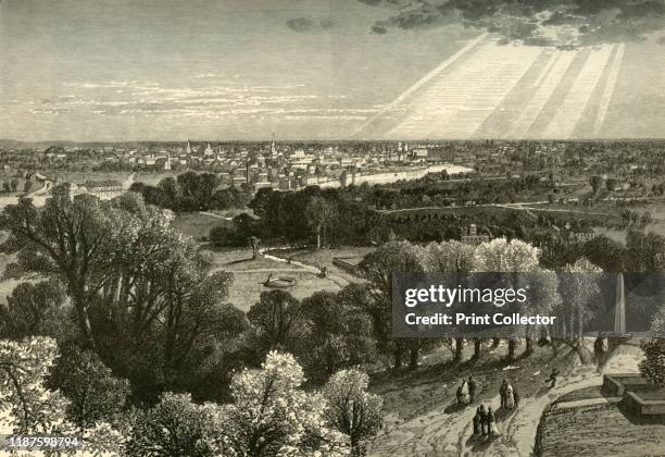 Rochester, from Mount Hope Cemetery', 1874. View of the city of Rochester, New York State, USA. Rochester lies on the Genesee River and on the...