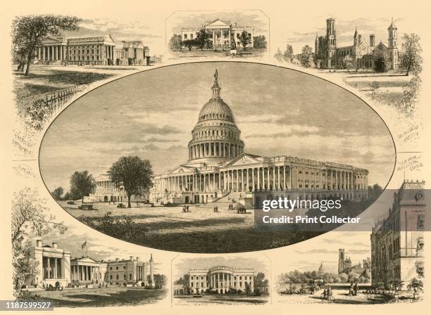 Public Buildings in Washington', 1874. 'Treasury Department; White House Front View; Smithsonian Institute; [Capitol Building], City Hall, White...