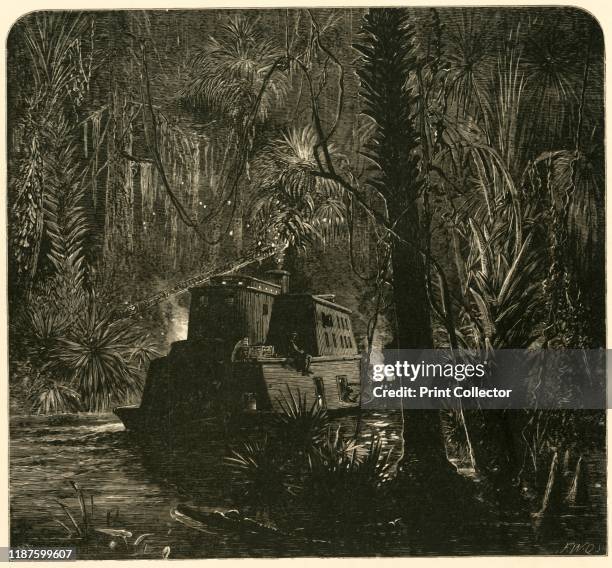 Ascending the Ocklawaha River at Night', 1872. Steamboat in the swamp, Florida, south eastern USA. From "Picturesque America; or, The Land We Live...