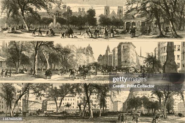 Washington, Madison, and Union Squares', 1874. Pedestrians and carriages in the squares of New York City, USA. 'Union Square is at the bend of the...