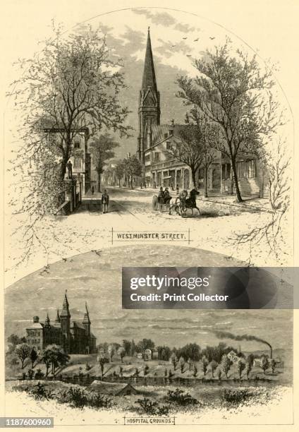 Scenes in Providence', 1872. Westminster Street and grounds of Rhode Island Hospital, Providence, Rhode Island, USA. 'Grace Church, of which we have...