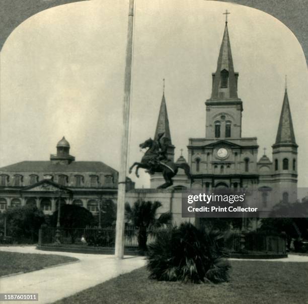 In Historic Old New Orleans, La. - Jackson Square, the Site of Bienville's "Place d'Armes".', circa 1930s. St Louis Cathedral in historic Jackson...