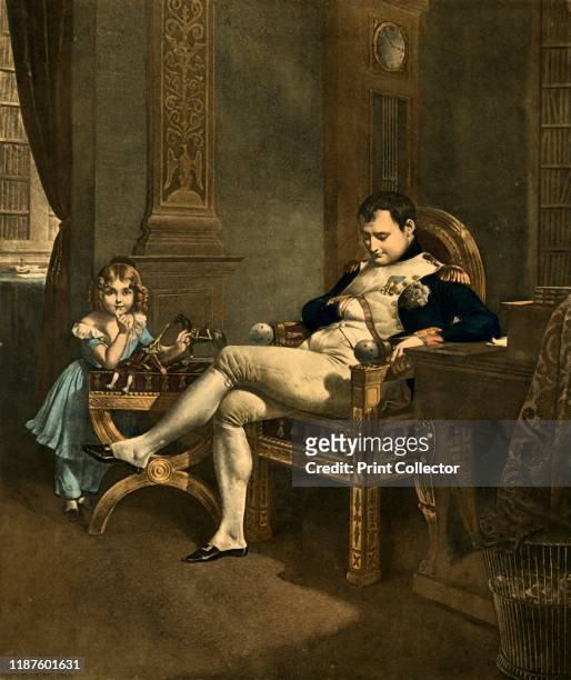 Chut! Papa Dort!', 19th century, . 'Ssh, Papa is sleeping!'. The emperor Napoleon dozes in his throne as a child holds a finger to her lips. Toys - a...