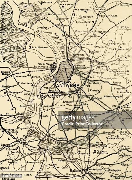The District Round Antwerp', 1915. Antwerp was ringed by forts known as the National Redoubt, besieged and captured during the German invasion of...