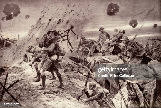 The Campbells are Coming! Brave Pipers Playing Highland Regiments to Victory', 1917. The tune of the The Campbells Are Coming was played by pipers at...