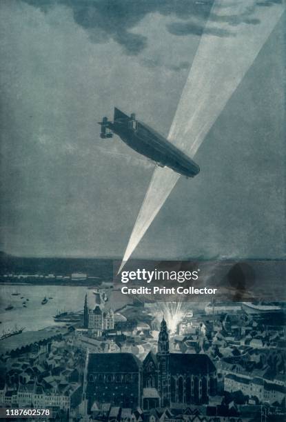 The Zeppelin Bombardment of Antwerp in August in Defiance of the Hague Convention', 1915. On the night of 25/26 August, the city was bombed by a...