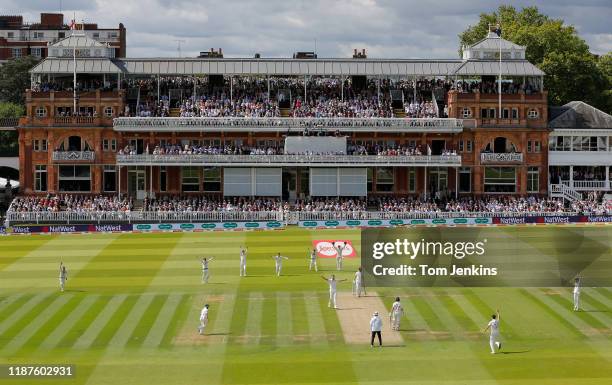 View of the pavilion full with spectators as Josh Hazlewood of Australia gets Joe Root of England LBW during day two of the England v Australia 2nd...