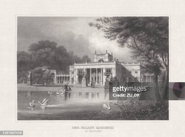 palace on the isle, warsaw, poland, steel engraving, published 1857 - poland landscape stock illustrations