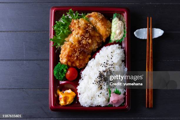 miyazaki style nanban chicken rice bento - bento box stock pictures, royalty-free photos & images