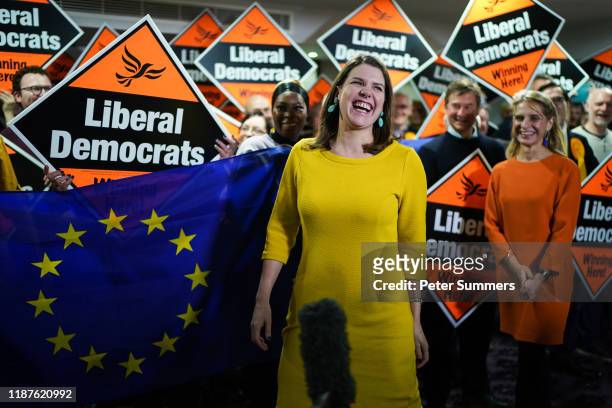 Liberal Democrat leader Jo Swinson addresses activists alongside parliamentary candidate Wera Hobhouse at a campaign rally on December 10, 2019 in...