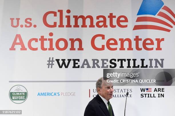 Democratic presidential hopeful Michael Bloomberg gives a speech during the UN Climate Change Conference COP25 at the 'IFEMA - Feria de Madrid'...