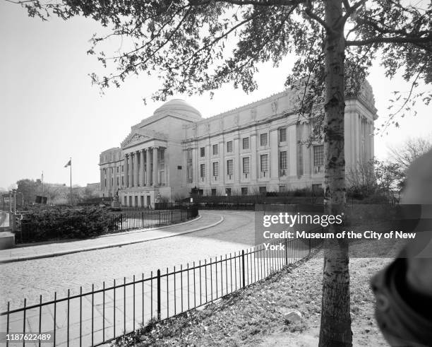 View of the entrance and driveway leading to the Brooklyn Museum, Brooklyn, New York, New York, circa 1970