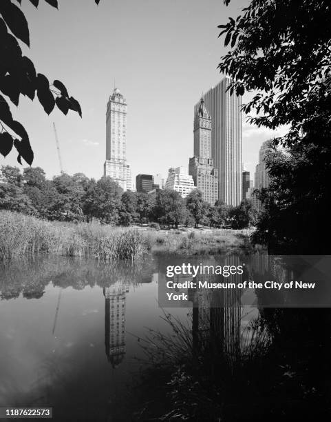 View of the Pierre and The Sherry-Netherland buildings as seen from Central Park, New York, New York, circa 1970