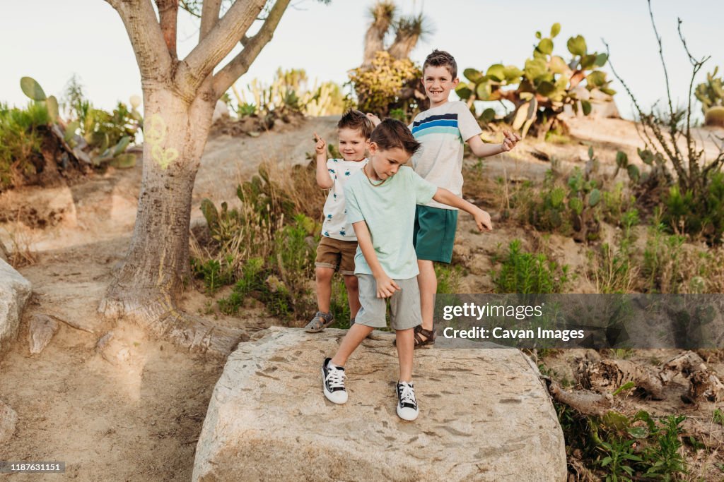 Three young brothers dancing on rock in sunny California cactus garden