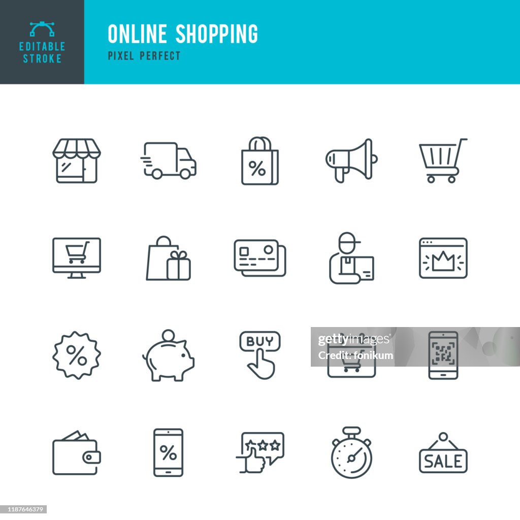 Online Shopping - dünner linearer Vektorsymbolsatz. Bearbeitbarer Strich. Pixel perfekt. Das Set enthält Symbole wie Shopping, E-Commerce, Store, Discount, Warenkorb, Lieferung, Brieftasche, Kurier und so weiter.