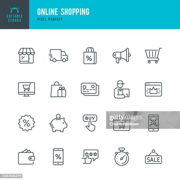 illustrazioni stock, clip art, cartoni animati e icone di tendenza di shopping online - sottile set di icone vettoriali lineari. tratto modificabile. pixel perfetto. il set contiene icone come shopping, e-commerce, store, sconto, carrello della spesa, consegna, portafoglio, corriere e così via. - fare spese