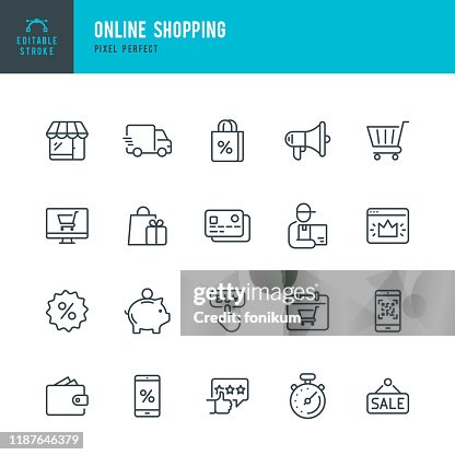 Online Shopping - thin linear vector icon set. Editable stroke. Pixel perfect. The set contains icons such as Shopping, E-Commerce, Store, Discount, Shopping Cart, Delivering, Wallet, Courier and so on. Online Shopping - thin linear vector icon set. Editable stroke. Pixel perfect. The set contains icons such as Shopping, E-Commerce, Store, Discount, Shopping Cart, Delivering, Wallet, Courier and so on.