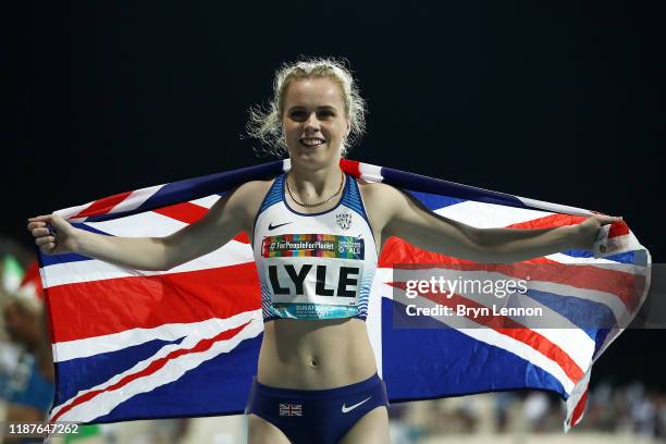 Maria Lyle of Great Britain celebrates winning the Women's 200m T35 during Day Eight of the IPC World Para Athletics Championships 2019 Dubai on...