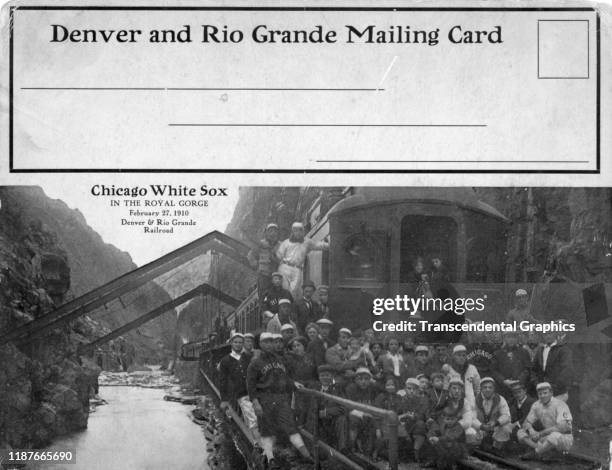 Postcard depicts the barnstorming Chicago White Sox baseball team during a Spring Training tour through the Royal Gorge canyon on the Arkansas River,...