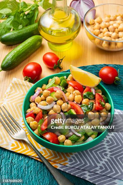 fresh chickpea salad with ingredients - chick pea salad stock pictures, royalty-free photos & images