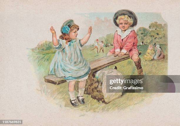 stockillustraties, clipart, cartoons en iconen met kinderen broer of zus spelen op wip 1900 - edwardiaanse stijl