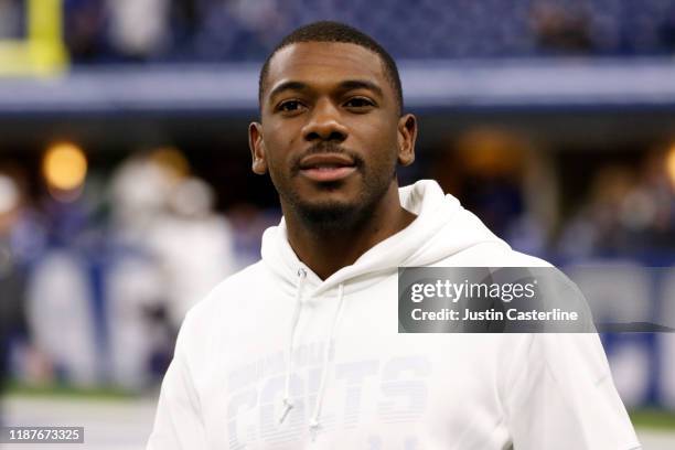 Devin Funchess of the Indianapolis Colts on the sidelines before the game against the Miami Dolphins at Lucas Oil Stadium on November 10, 2019 in...