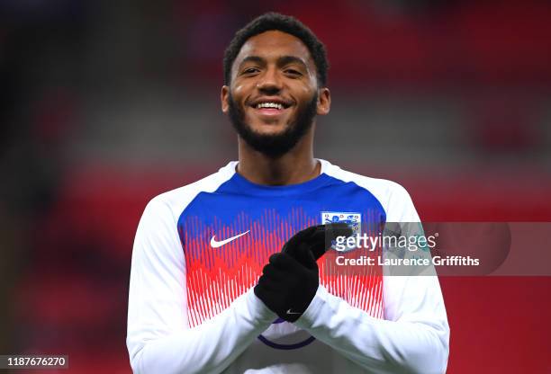 Joe Gomez of England warms up prior to the UEFA Euro 2020 qualifier between England and Montenegro at Wembley Stadium on November 14, 2019 in London,...
