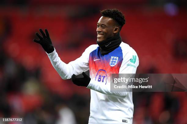 Callum Hudson-Odoi of England warms up prior to the UEFA Euro 2020 qualifier between England and Montenegro at Wembley Stadium on November 14, 2019...