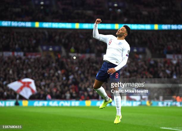 Alex Oxlade-Chamberlain of England celebrates after scoring his sides first goal during the UEFA Euro 2020 qualifier between England and Montenegro...