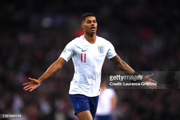 Marcus Rashford of England celebrates after scoring his sides fourth goal during the UEFA Euro 2020 qualifier between England and Montenegro at...