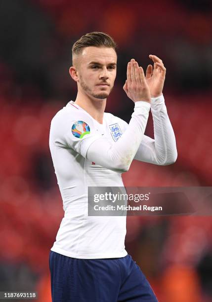 James Maddison of England celebrates victory during the UEFA Euro 2020 qualifier between England and Montenegro at Wembley Stadium on November 14,...