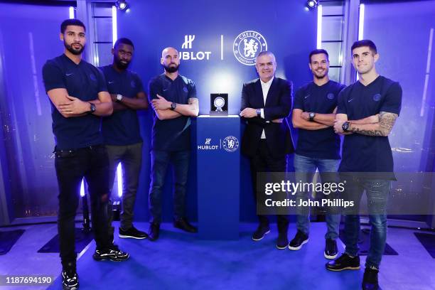 Chelsea FC footballers Ruben Loftus-Cheek, Antonio Rudiger, Willy Caballero, Hublot CEO Ricardo Guadalupe, Chelsea FC footballers Cesar Azpilicueta...