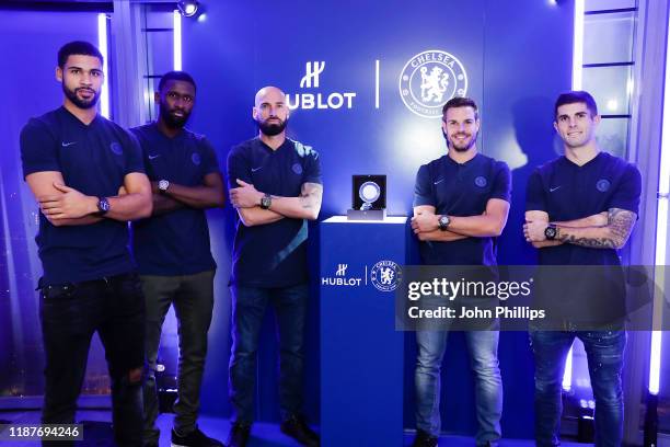 Chelsea FC footballers Ruben Loftus-Cheek, Antonio Rudiger, Willy Caballero, Cesar Azpilicueta and Christian Pulisic celebrate their Hublot...