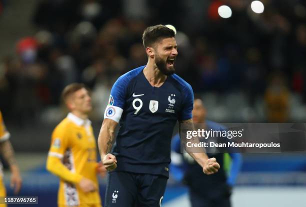 Olivier Giroud of France celebrates after scoring his team's second goal during the UEFA Euro 2020 Qualifier between France and Moldova on November...