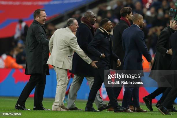 Ex-England players David Seaman, Paul Gascoigne and Jermain Defoe at half-time during the UEFA Euro 2020 qualifier between England and Montenegro at...