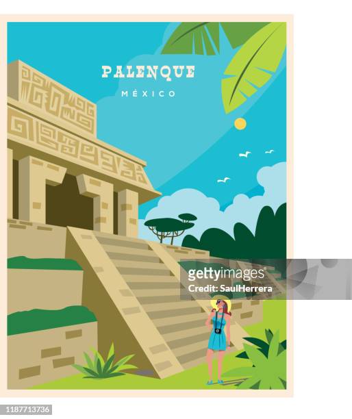 ilustrações, clipart, desenhos animados e ícones de ruínas maias de palenque chiapas em méxico - mexican poster