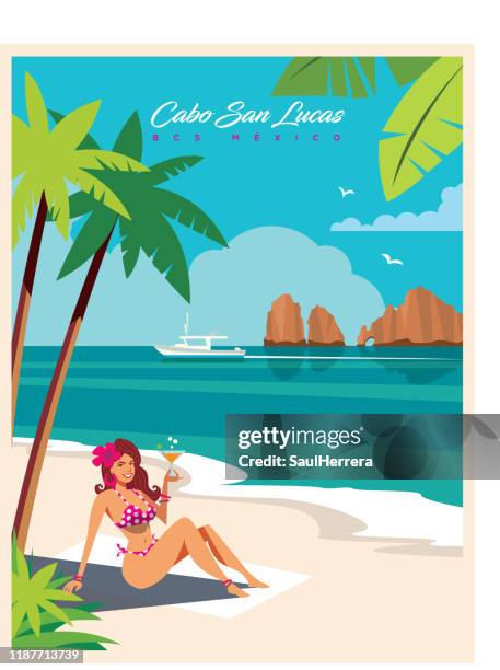 cabo san lucas - travel poster stock illustrations