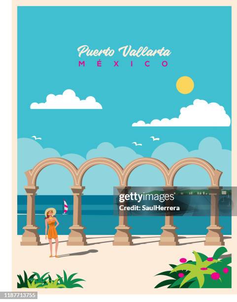 ilustraciones, imágenes clip art, dibujos animados e iconos de stock de arcos del malecón de puerto vallarta méxico - beach holiday