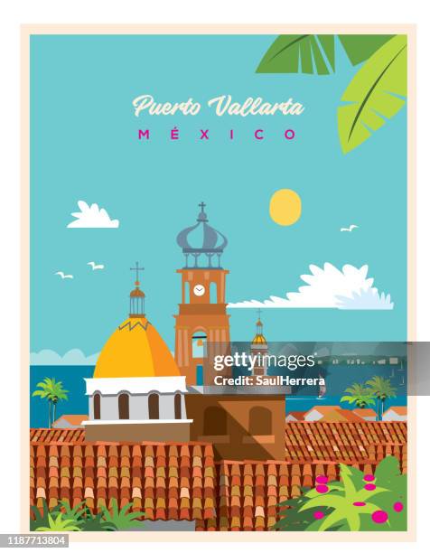 kirche unserer lieben frau von guadalupe von puerto vallarta méxico - kolonialstil stock-grafiken, -clipart, -cartoons und -symbole