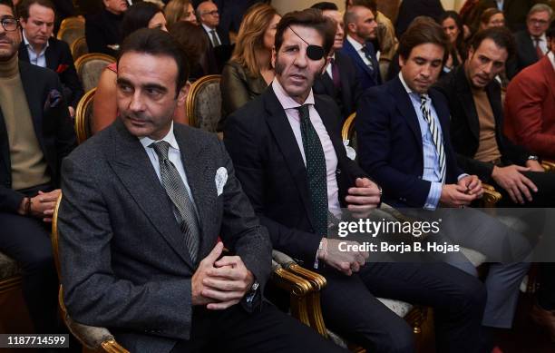 Bullfighter Enrique Ponce and Bullfighter Juan Jose Padilla attends 'Capote de las Artes 2019' awards at Hotel Wellington on November 14, 2019 in...