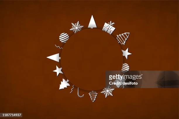 a horizontal vector illustration of a creative dark brown color xmas background with a circular patch and white colored christmas trees and ornaments arranged over it - chocolate swirl stock illustrations