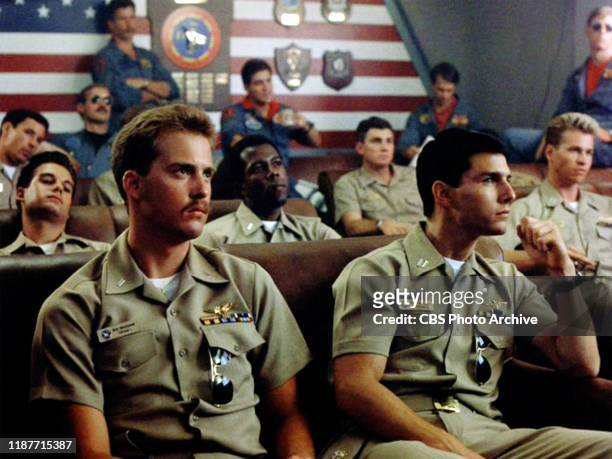 The movie "Top Gun", directed by Tony Scott. Seen here, in front from left, Anthony Edwards as Lt. Nick "Goose" Bradshaw and Tom Cruise as Lt. Pete...