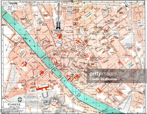 bildbanksillustrationer, clip art samt tecknat material och ikoner med karta över den italienska staden florens 1895 - map of florence italy