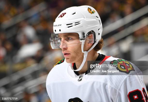 Patrick Kane of the Chicago Blackhawks skates against the Pittsburgh Penguins at PPG PAINTS Arena on November 9, 2019 in Pittsburgh, Pennsylvania.