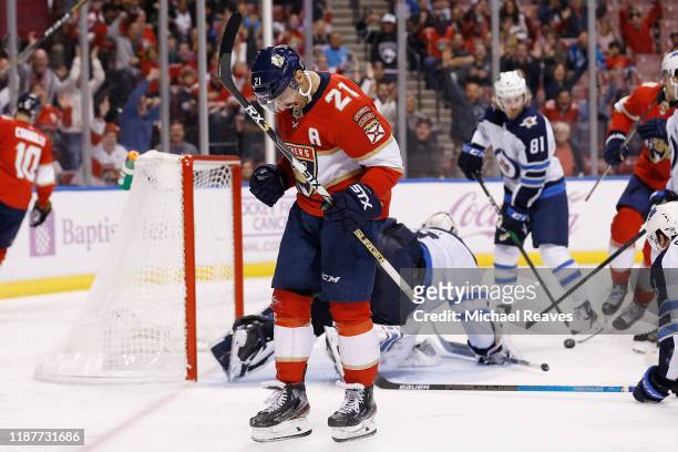 Vincent Trocheck of the Florida Panthers celebrates after scoring a goal against the Winnipeg Jets during the third period at BB&T Center on November...