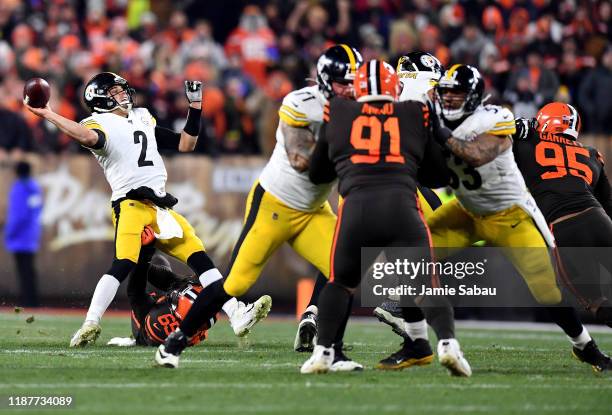 Quarterback Mason Rudolph of the Pittsburgh Steelers is tackled by the defense of the Pittsburgh Steelers forcing a turnover on downs in the second...