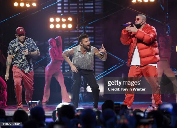 Residente, Ricky Martin and Bad Bunny perform onstage during the 20th annual Latin GRAMMY Awards at MGM Grand Garden Arena on November 14, 2019 in...