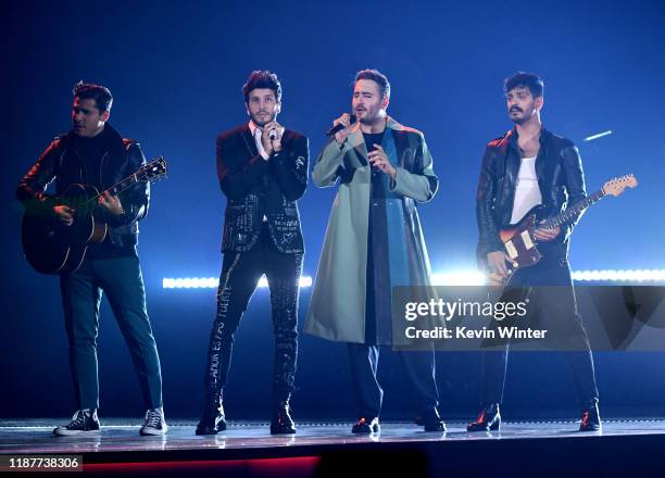 Sebastian Yatra and Reik perform onstage during the 20th annual Latin GRAMMY Awards at MGM Grand Garden Arena on November 14, 2019 in Las Vegas,...