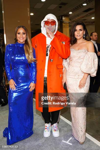 Jackie Guerrido, Bad Bunny, and Karina Banda backstage at the 20th annual Latin GRAMMY Awards at MGM Grand Garden Arena on November 14, 2019 in Las...